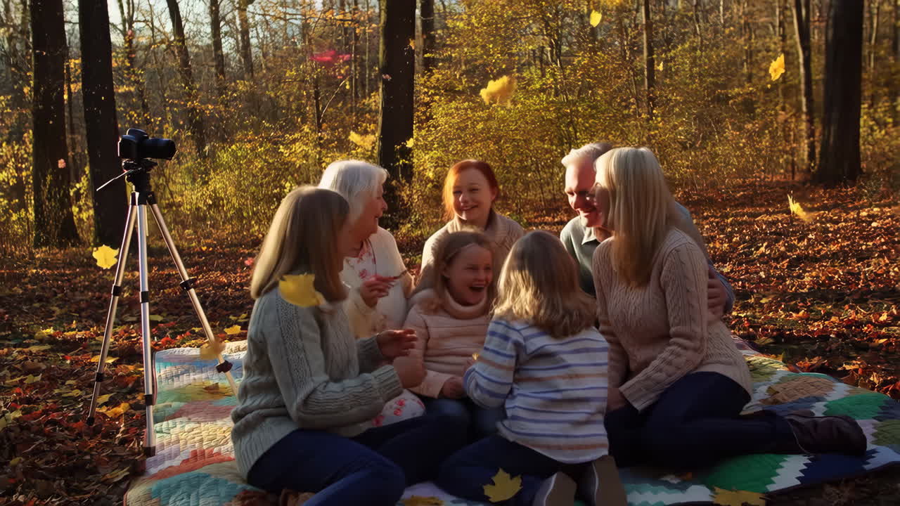 Family enjoying autumn picnic in the forest