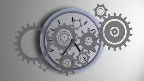 Moving gears animation in clock over white background