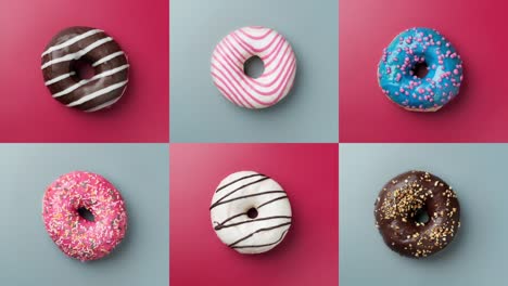 various colorful donuts. different donuts rotating. six glazed sweet donuts.