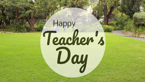 Animation-of-happy-teachers-day-text-over-diverse-schoolchildren-running