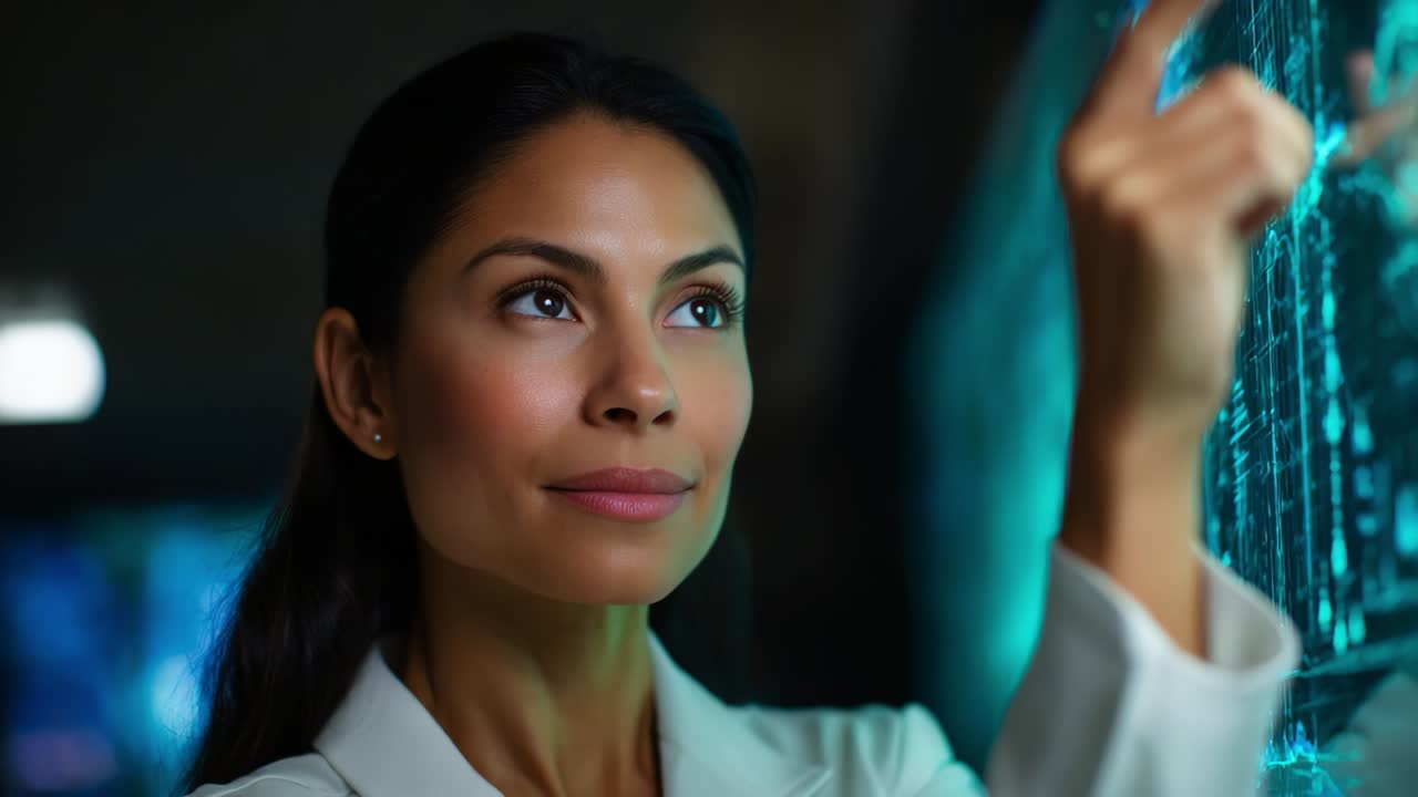A focused woman interacts with a futuristic digital interface, showcasing advanced technology in a captivating way, emphasizing a blend of human intelligence and digital innovation