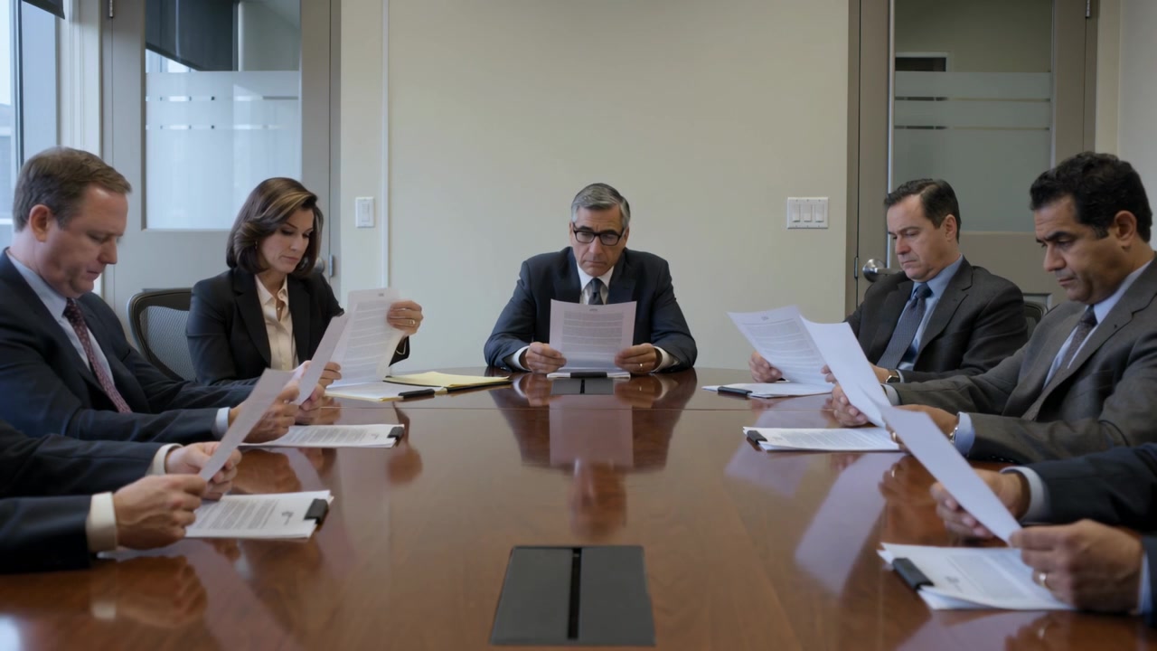 Reunião começando com seis funcionários de terno lendo documentos para revisão à mesa, virando páginas.