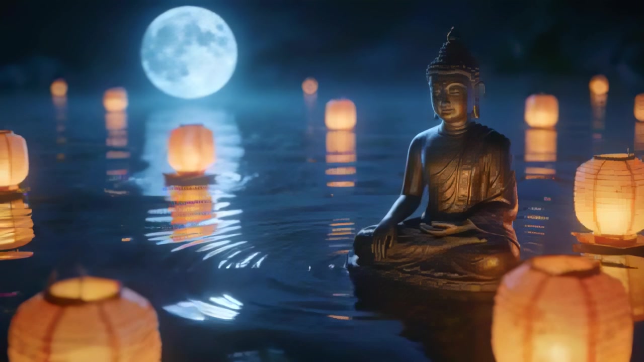 Tạo ra những gợn sóng từ chân tượng Phật bằng đồng trên mặt ao dưới trăng tròn, đèn lồng trôi nổi, không gian để viết chữ