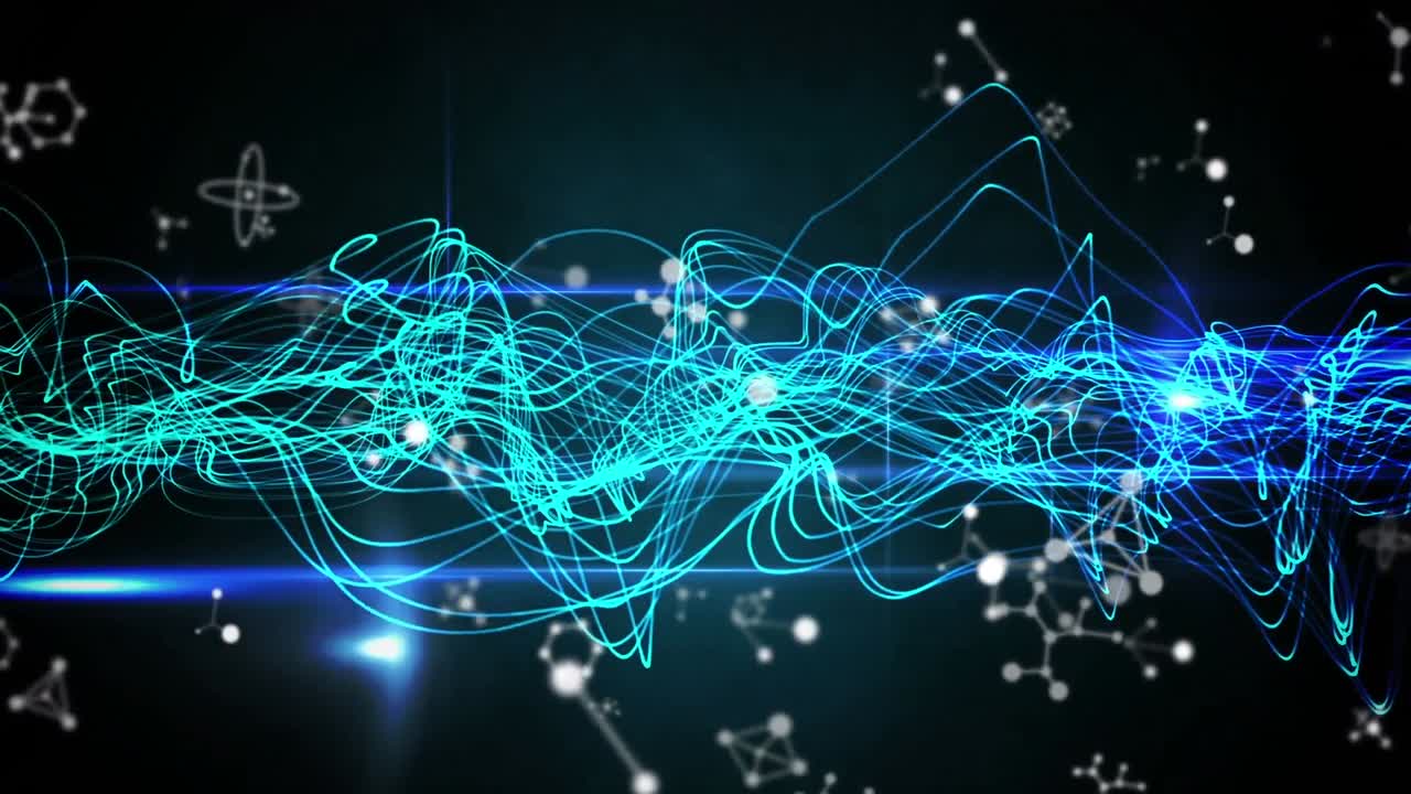 검은 바탕에 있는 분자 위에 있는 빛의 흔적과 반점의 애니메이션