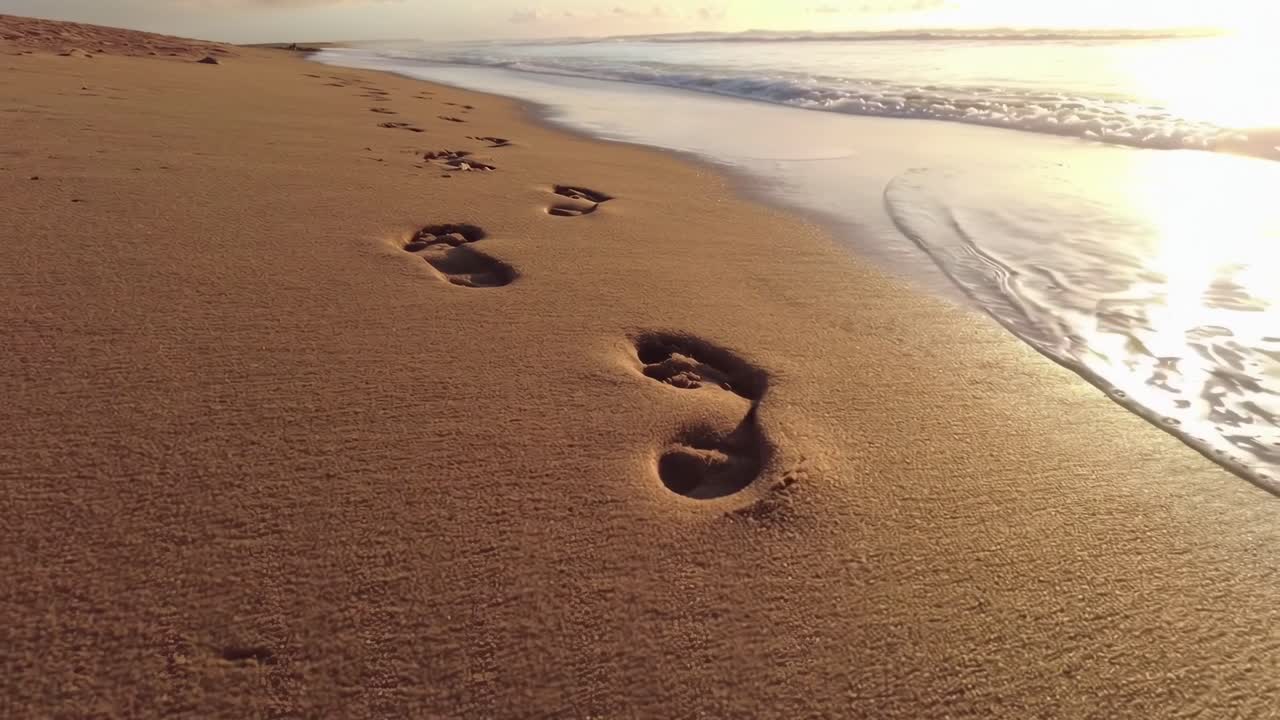 Video en ángulo bajo de huellas en una playa de arena, con olas que bañan suavemente la orilla al atardecer.