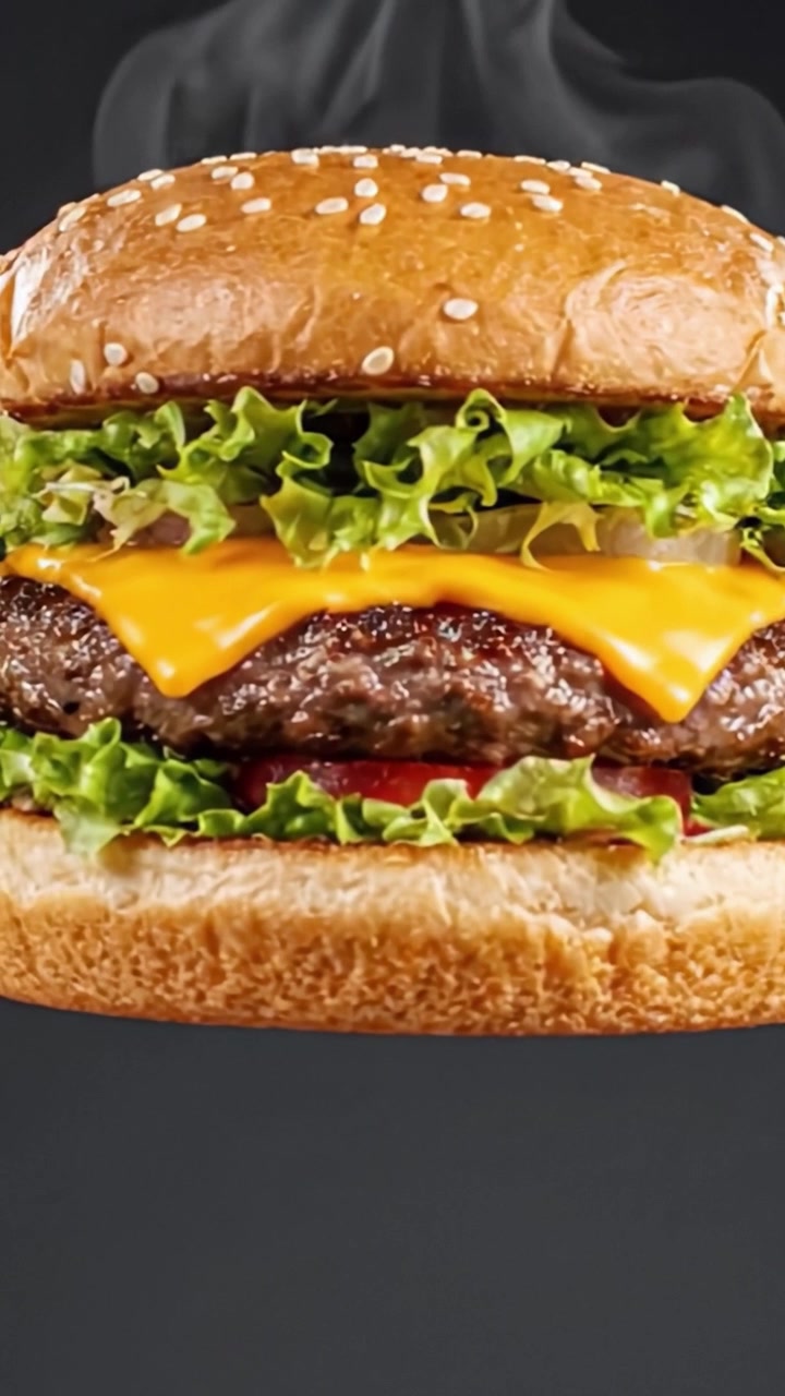 Cheeseburger appetitoso: un doppio strato visivamente invitante di manzo succoso, lattuga fresca, cheddar fuso e illustrazione di un morbido panino ai semi di sesamo