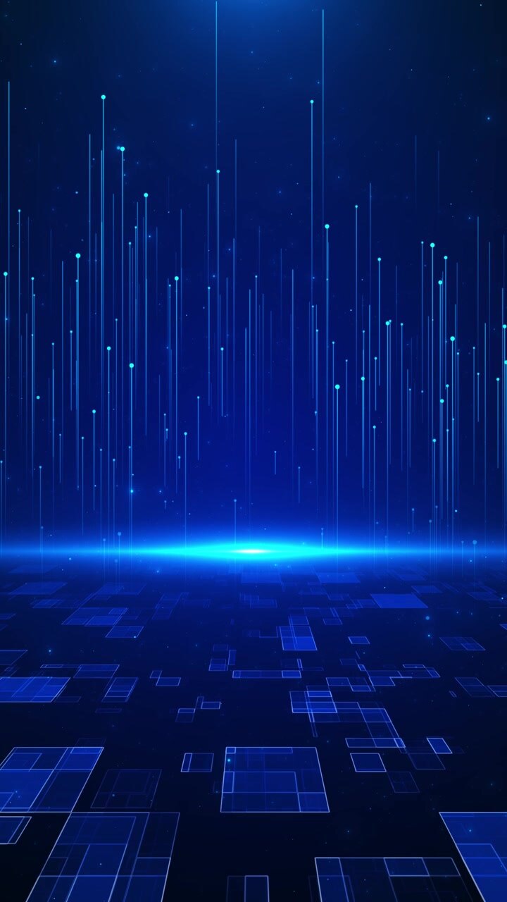 Orizzonte tecnologico blu futuristico, pavimento digitale luminoso, linee di dati verticali, particelle e profondo spazio cibernetico