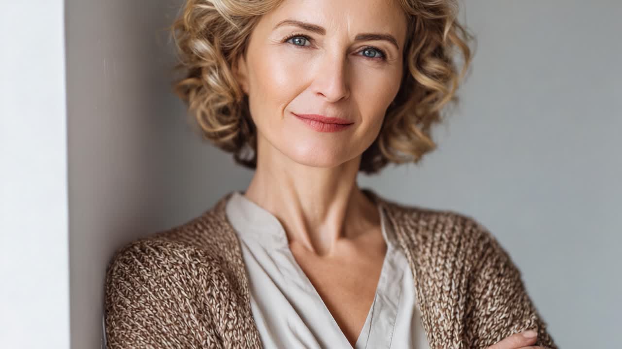 Portrait of a Confident Middle-Aged Woman with Curly Hair Displaying a Subtle Smile and Thoughtful Expression Against a Minimalist Background