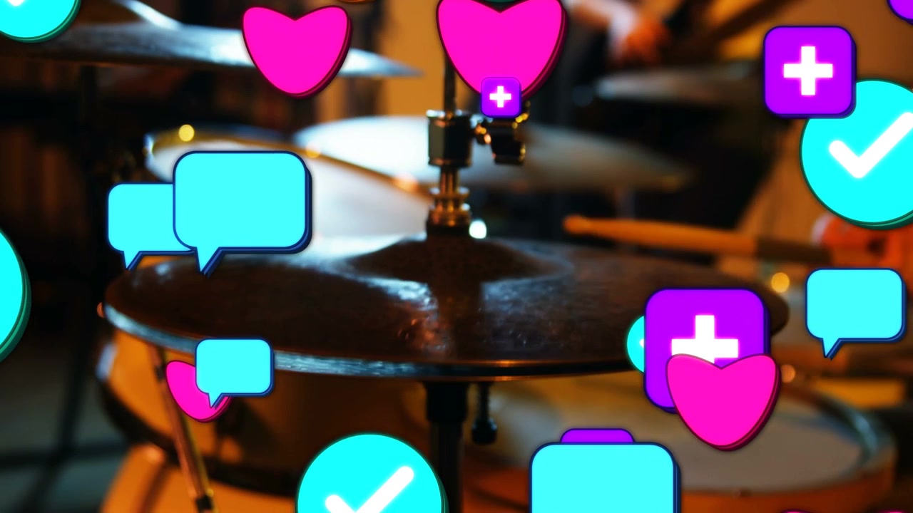 Drum cymbals filling frame, drummer striking sticks sparking social icons rising and creating buzz