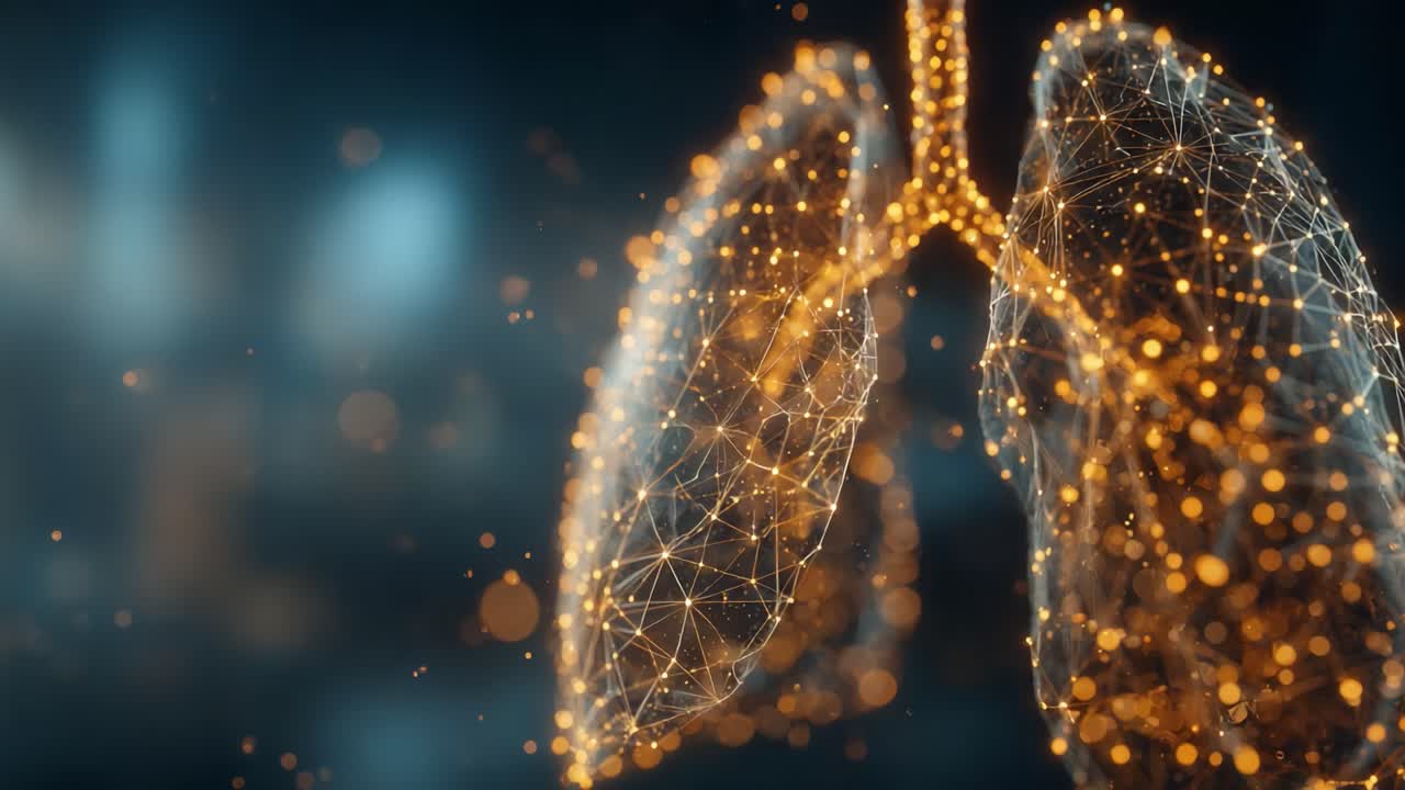 Esplorazione dell'intricata rete 3D dei polmoni umani: una visualizzazione dinamica della struttura e della funzione respiratoria con particelle luminose e un'estetica futuristica