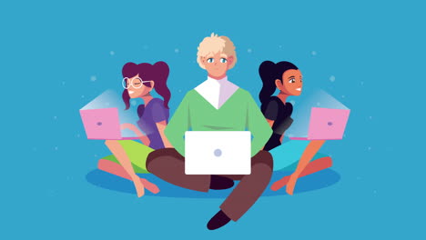 mujeres usando computadoras portátiles sentadas en la animación del piso
