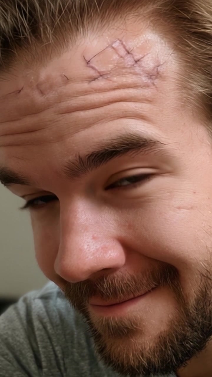 A Close-Up of a Person with Recent Stitches on Forehead, Displaying Recovery After a Surgical Procedure or Injury, Capturing Expression of Resilience and Healing