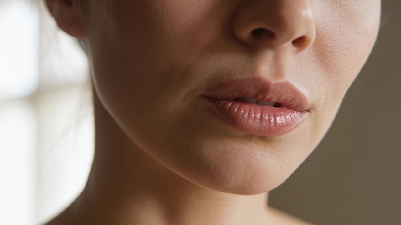 Câmera em movimento filmando mulher sem alças girando a mandíbula, fechando os lábios e mostrando brilho labial em estúdio, com janela.