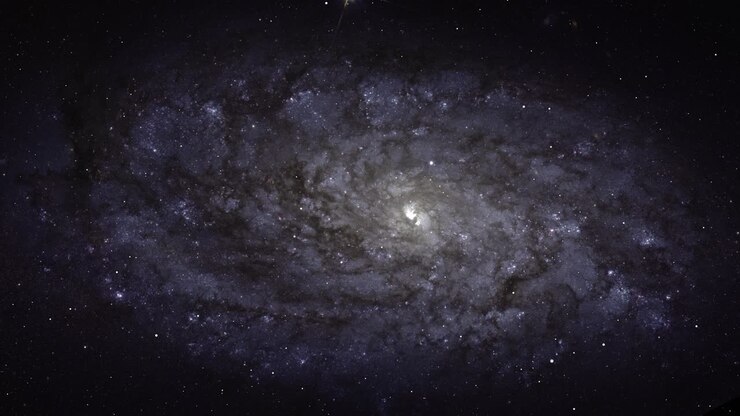 Flying through the stars against the backdrop of a beautiful galaxy