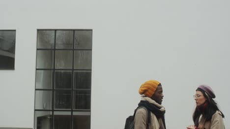 multiethnic couple speaking outdoors in city