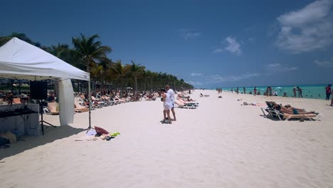 people enjoy leisure time under the sun on a stunning caribbean beach, surrounded by palm trees and clear blue waters.