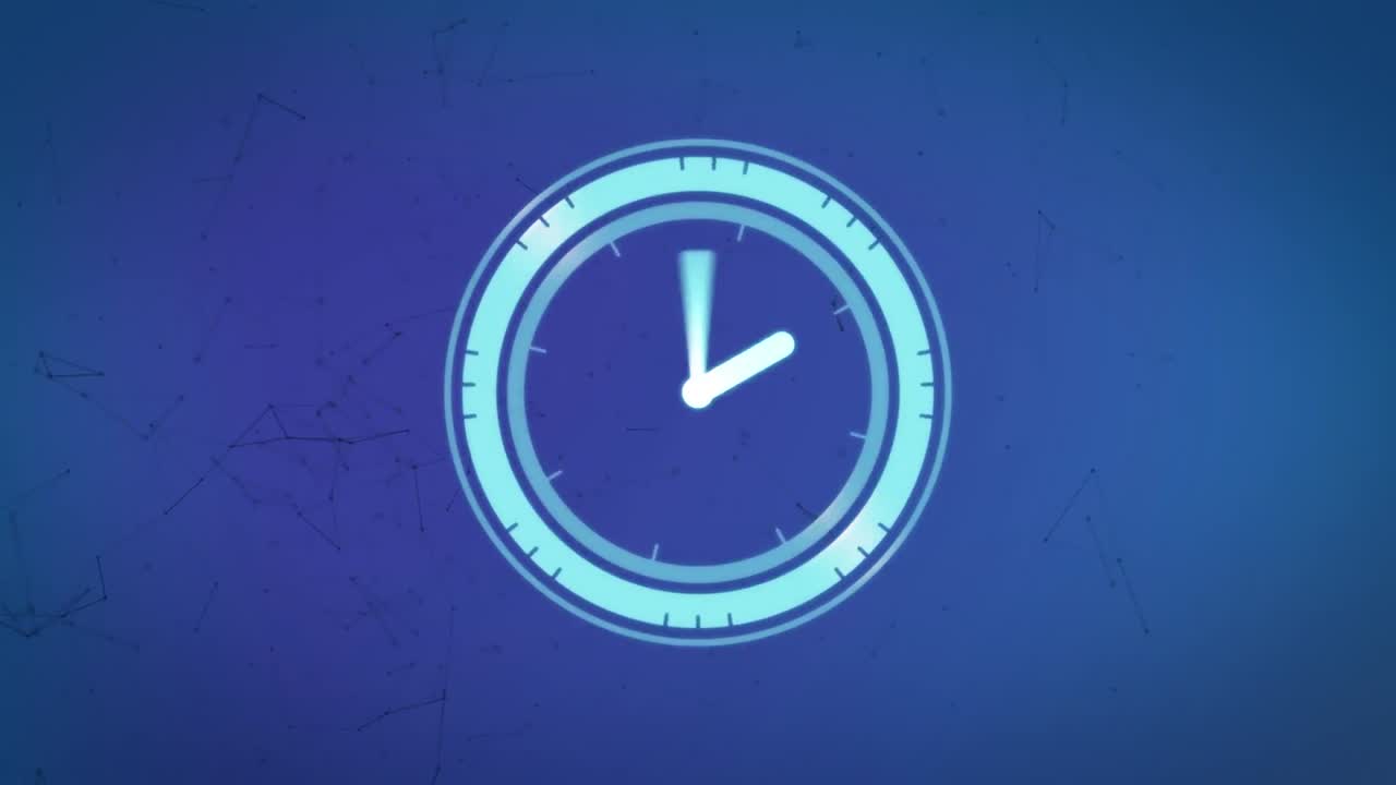 Animazione di scanner con quadrante di orologio su reti di comunicazione su sfondo blu