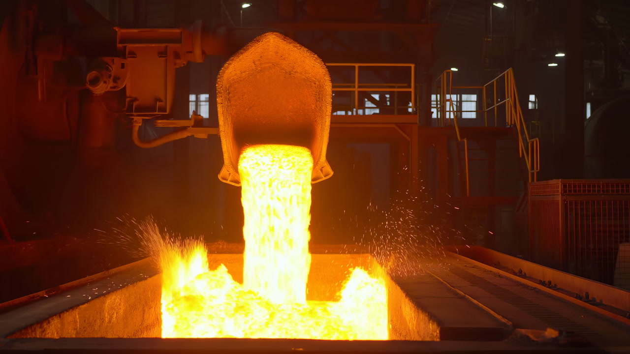Molten Steel Pouring Into Casting Bay, Glowing Orange Stream Flows From Ladle Into Molds Amid Dim Industrial