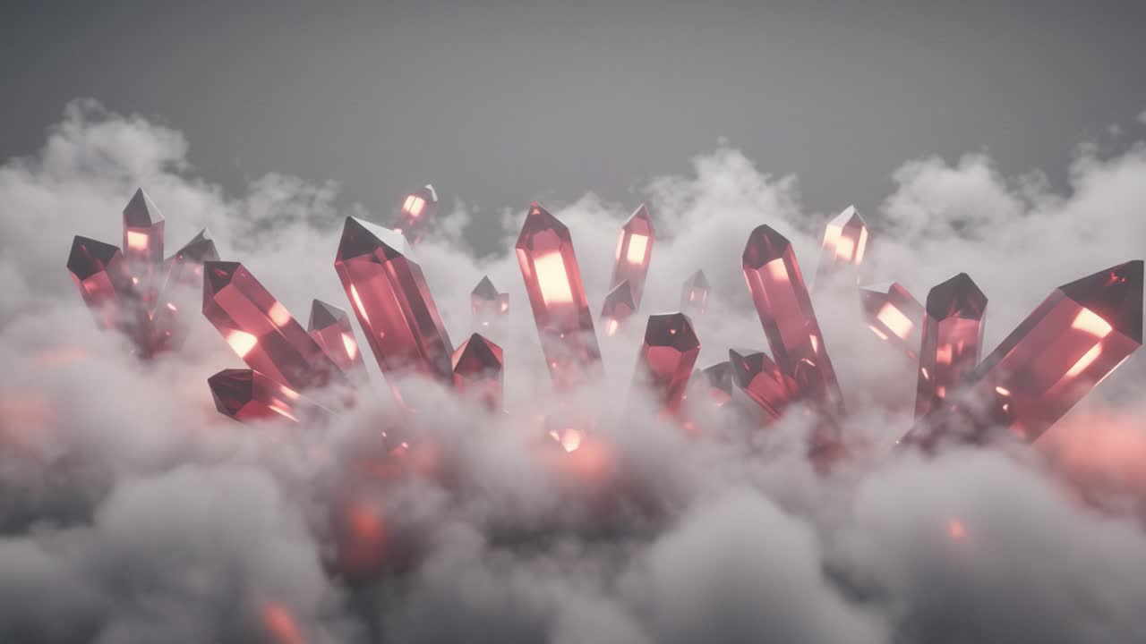 An Enchanting Scene of Radiant Crystals Emerging from Wispy Clouds, Creating an Ethereal Fantasy Landscape That Captivates the Imagination and Invites Exploration