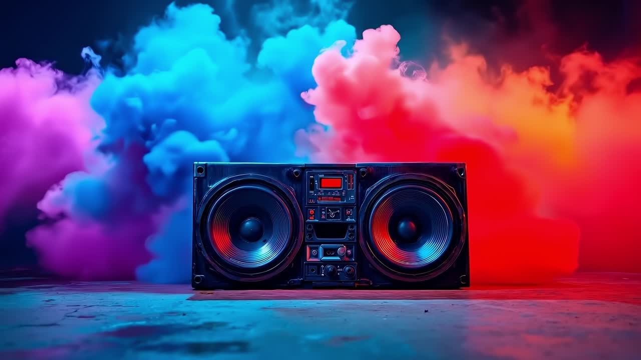 A boombox sitting on top of a table with smoke coming out of it