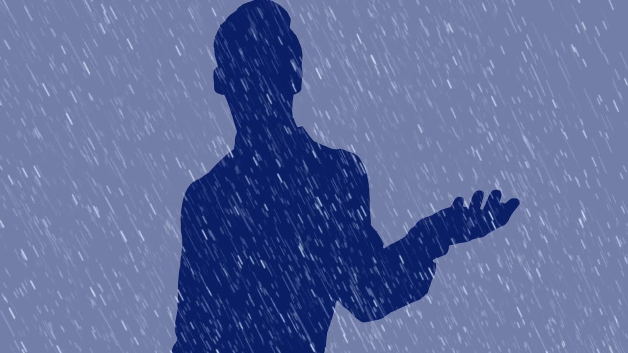 Animation of rain drops falling over blue man's silhouette