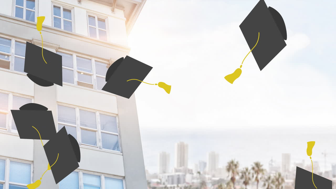Graduation caps animation over cityscape and building background