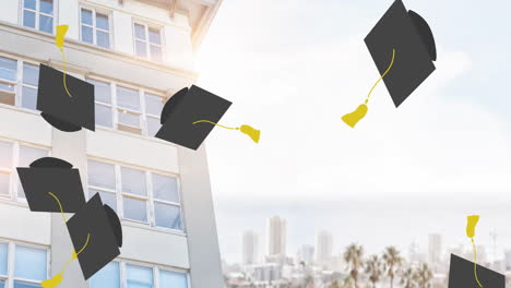 graduation caps animation over cityscape and building background