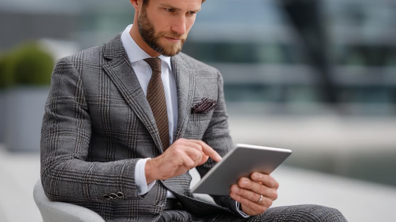 A Well-Dressed Man Engaged in Digital Task While Sitting Outdoors, Reflecting Professionalism in Contemporary Fashion