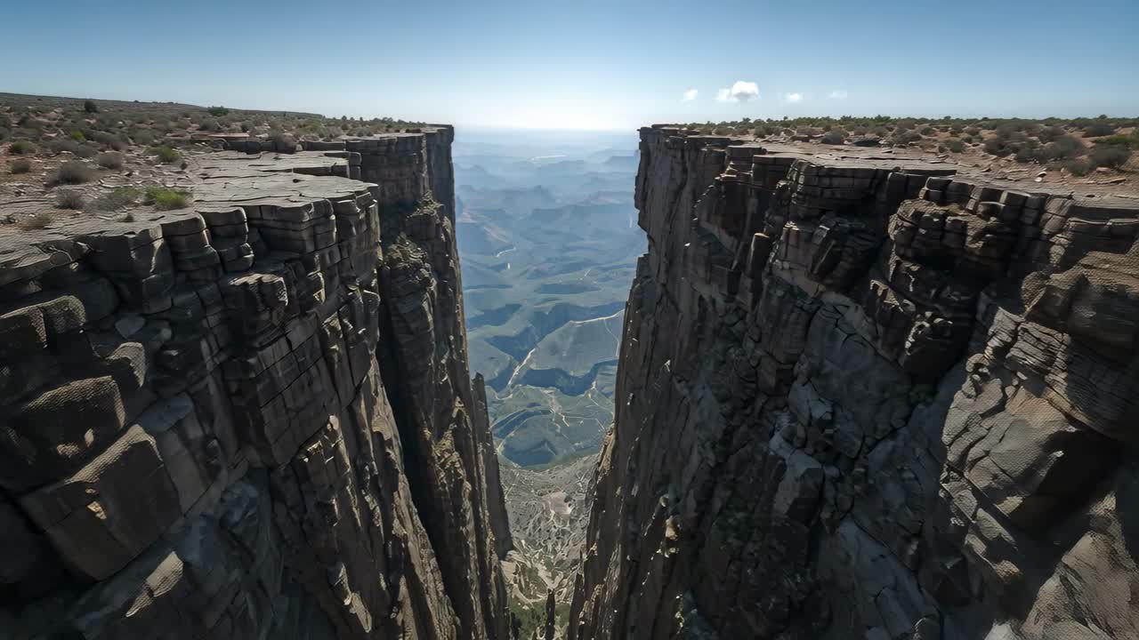 La telecamera aerea in discesa rivela due scogliere verticali con strati stratificati sul bordo dell'altopiano e un fiume.