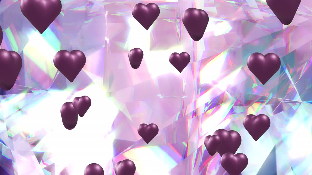 animación de corazones púrpuras que se mueven sobre cristales brillantes.