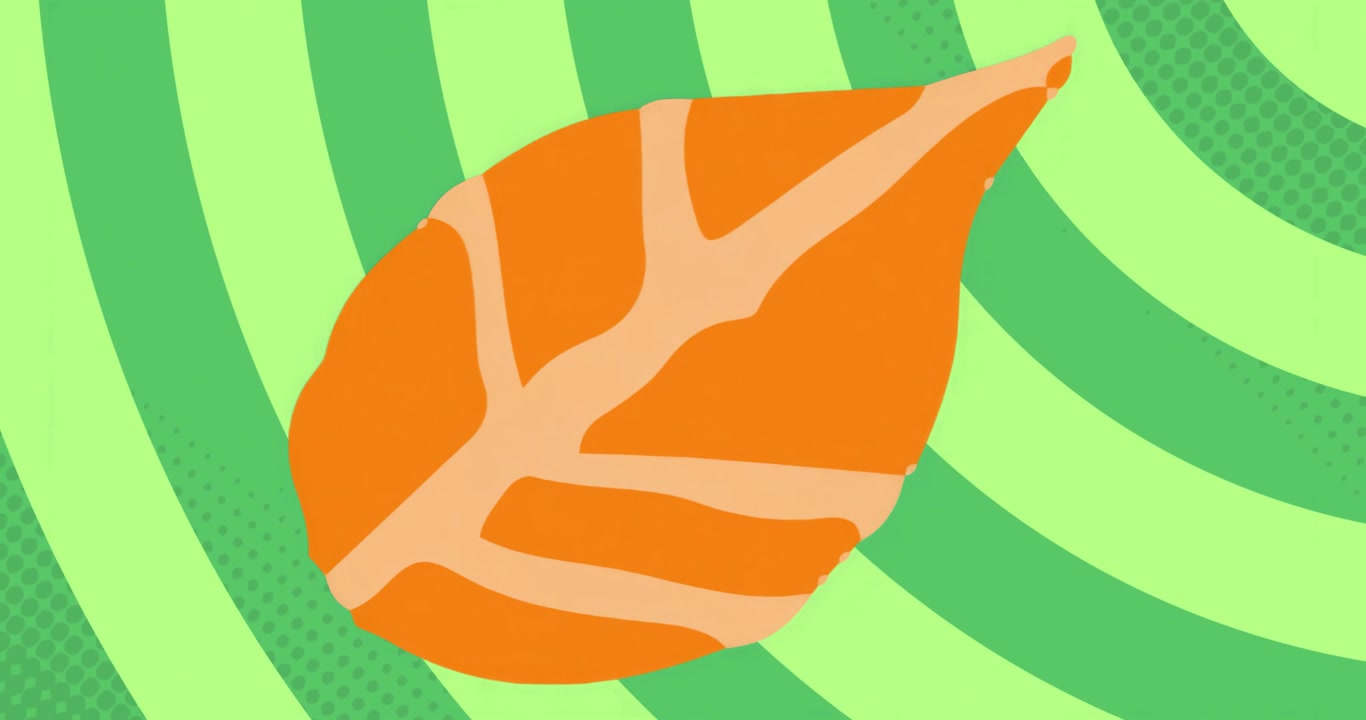 Stylized orange leaf staying centered on flat design green bands illustrating calm nature focus