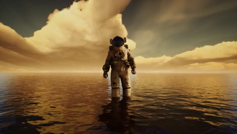 astronauta en el mar bajo las nubes al atardecer