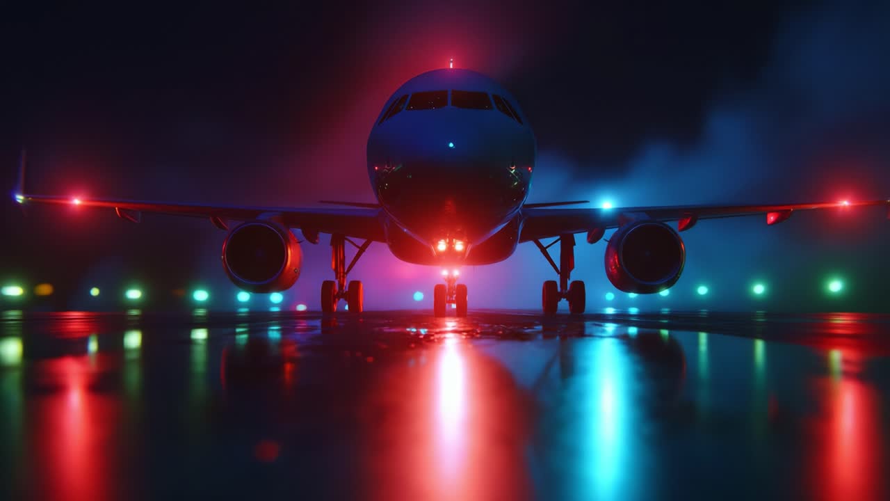 A Stunning Display of Aviation Lighting: Captivating View of an Airplane on the Runway at Night with Reflections of Colorful Lights and Fog Creating a Dramatic Atmosphere