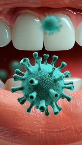a woman's mouth is filled with green bacteria. the bacteria are floating in the air and are visible in the mouth