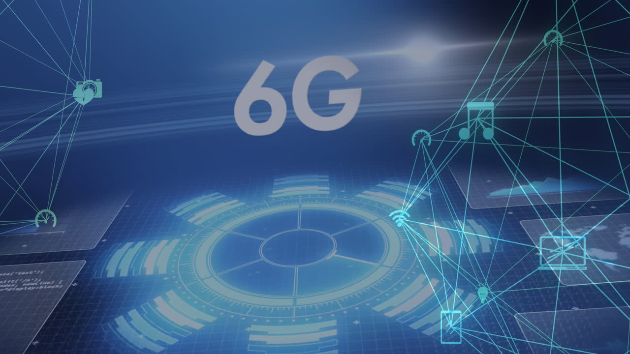 animación de texto de 6g con interfaz brillante y una red de iconos de medios que se mueven sobre fondo azul