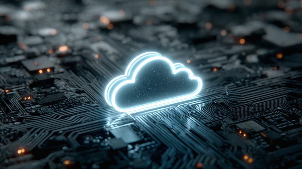 Un'icona futuristica di cloud digitale su uno sfondo di circuito stampato, che simboleggia l'archiviazione dei dati e la connettività negli ambienti tecnologici moderni