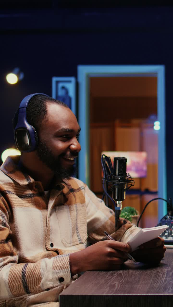 Vertical video Man filming online podcast episode with woman, discussing about personal life