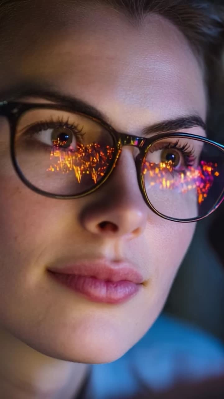 A Close-Up of a Woman with Glasses Capturing Reflections of Colorful Lights in Her Eyes, Creating a Stunning Visual Contrast in a Serene Atmosphere