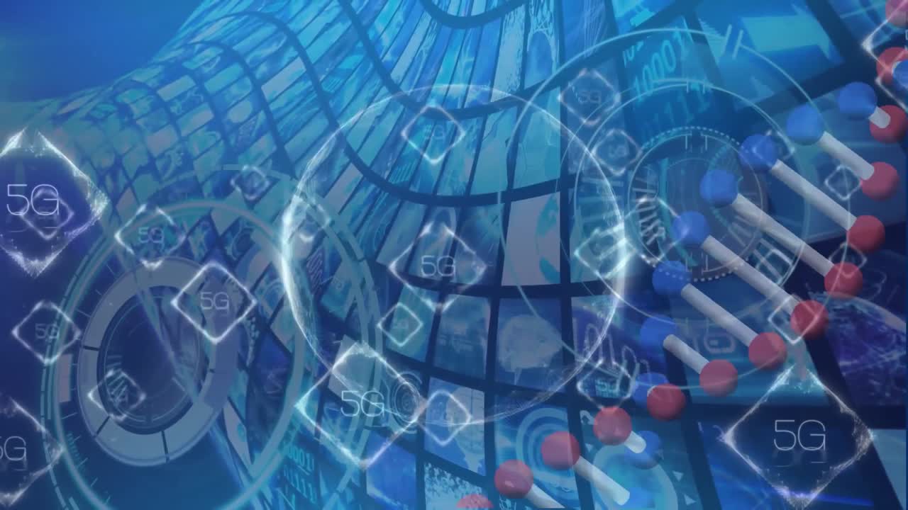 연구실에서 일하는 남성 과학자에 대한 dna 스트랜드 및 데이터 처리의 애니메이션