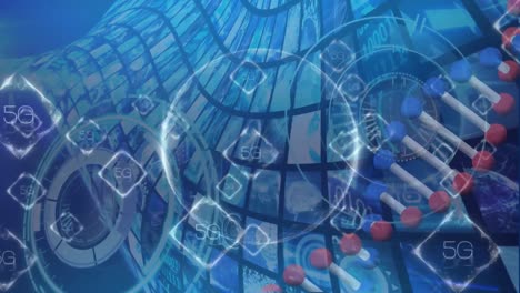 animación de cadena de adn y procesamiento de datos sobre científico masculino que trabaja en el laboratorio