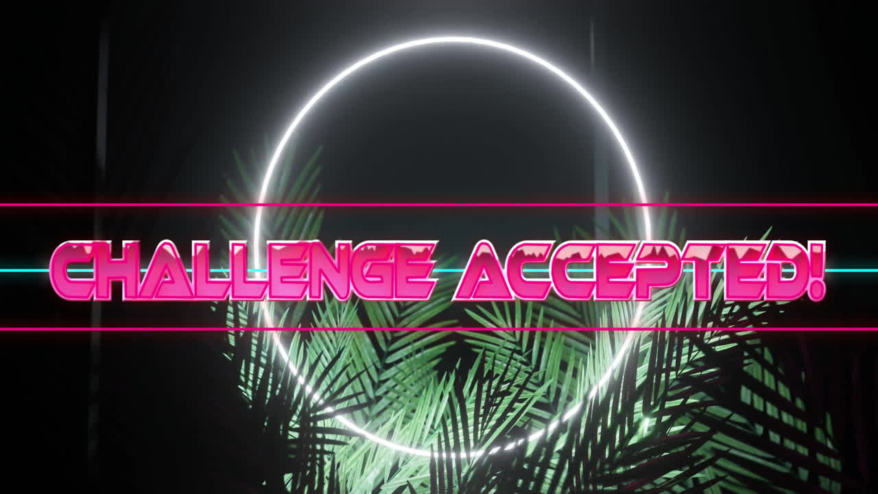 Animation of challenge accepted text over neon pattern background
