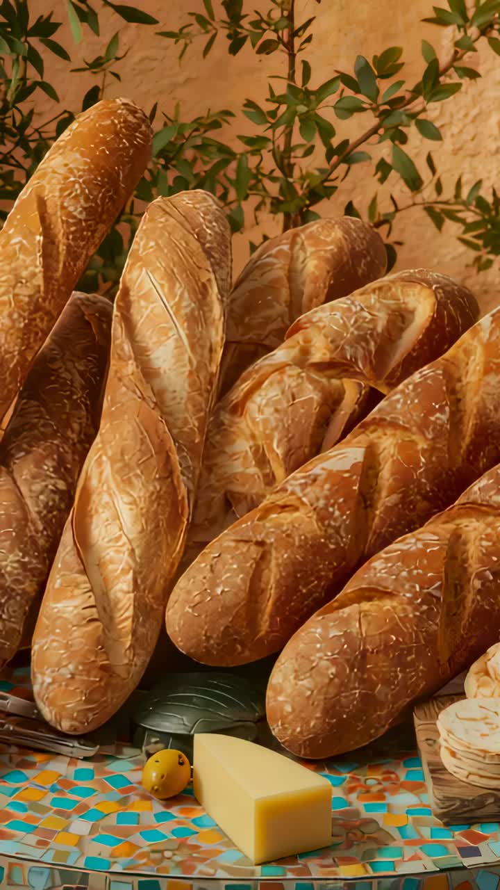 Vertical video: Moving camera closing on crusty baguettes at counter, showing cheese and crackers