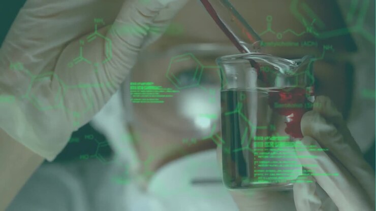 Animation of medical data processing over female scientist in laboratory
