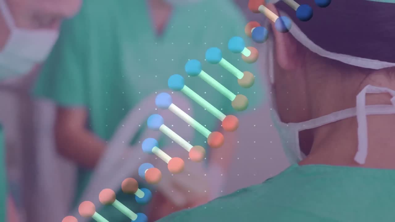 анимация днк, вращающаяся над задним видом кавказской женщины-хирурга во время операции