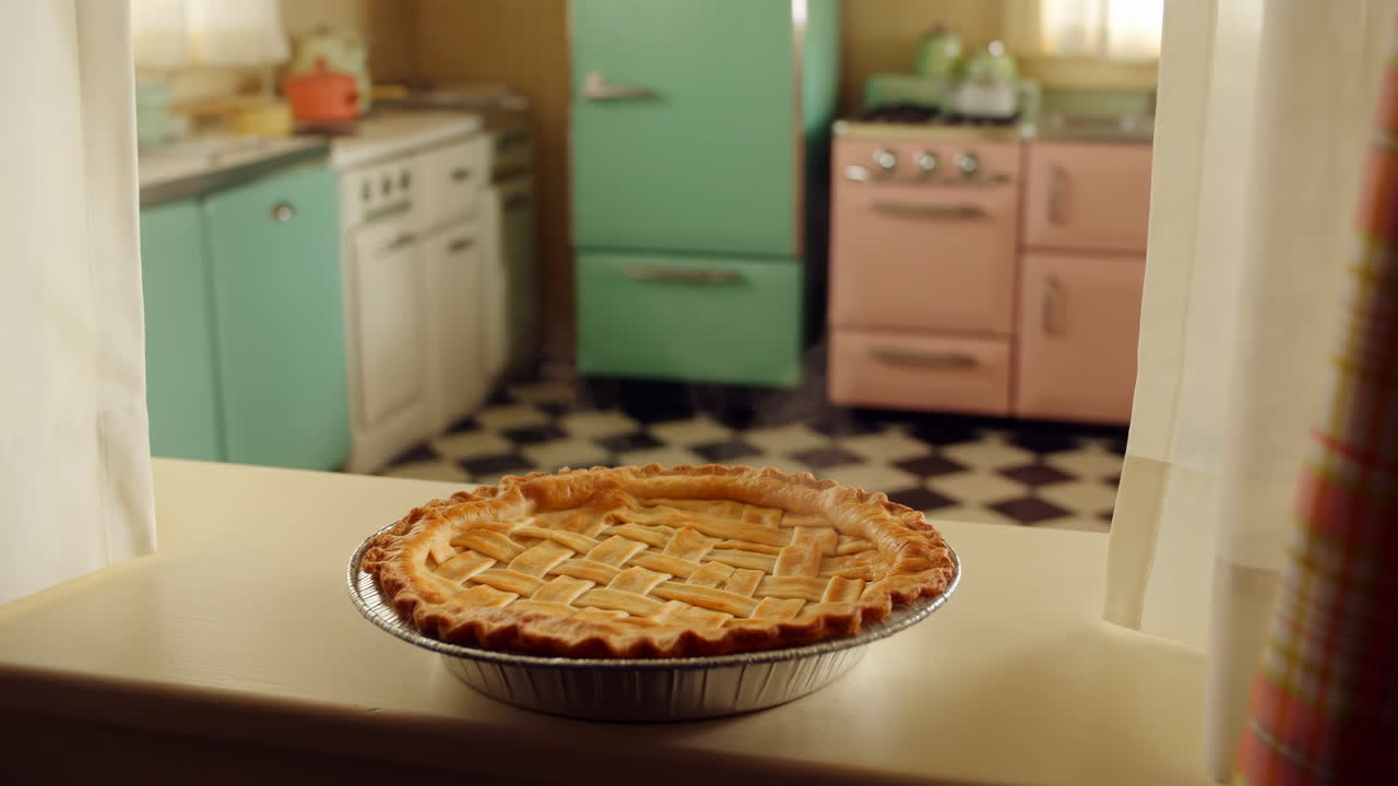 Retro Kitchen Windowsill Pie Cooling, Pastel Appliances And Checkered Floor Set Nostalgic Mood, Golden Lattice
