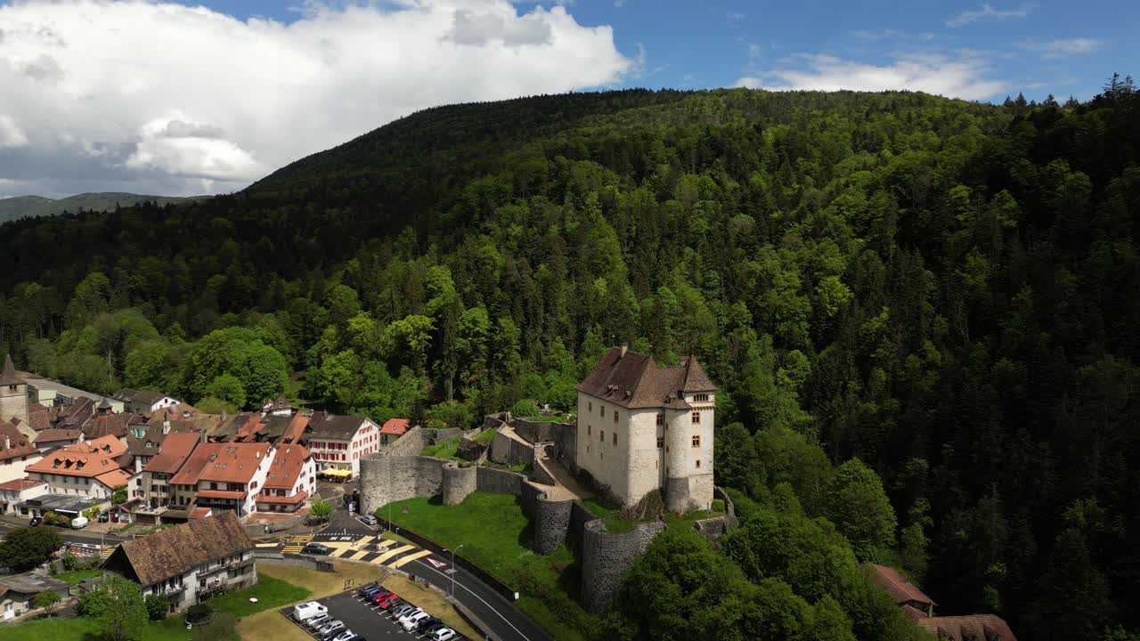 Forest around Valangin Castle Château et musée Neuchâtel Switzerland aerial