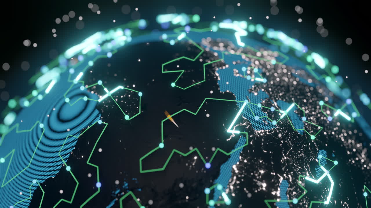 Animation of glowing blue mesh of connections spinning over globe and black background