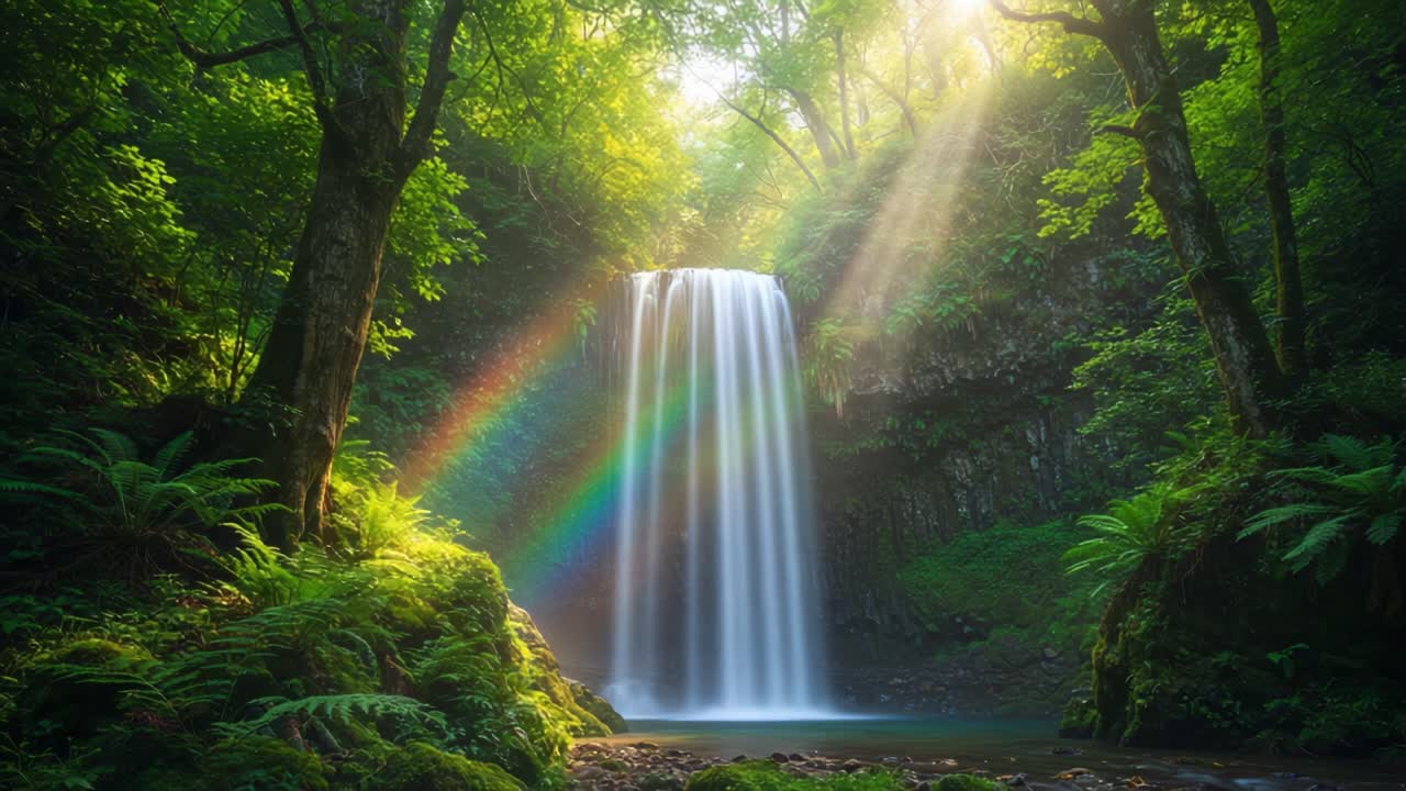 A Serene and Lush Forest Waterfall Illuminated by Sunlight, Cascading Over Rocks Surrounded by Foliage and Rainbow Reflections in Tranquil Waters Beneath