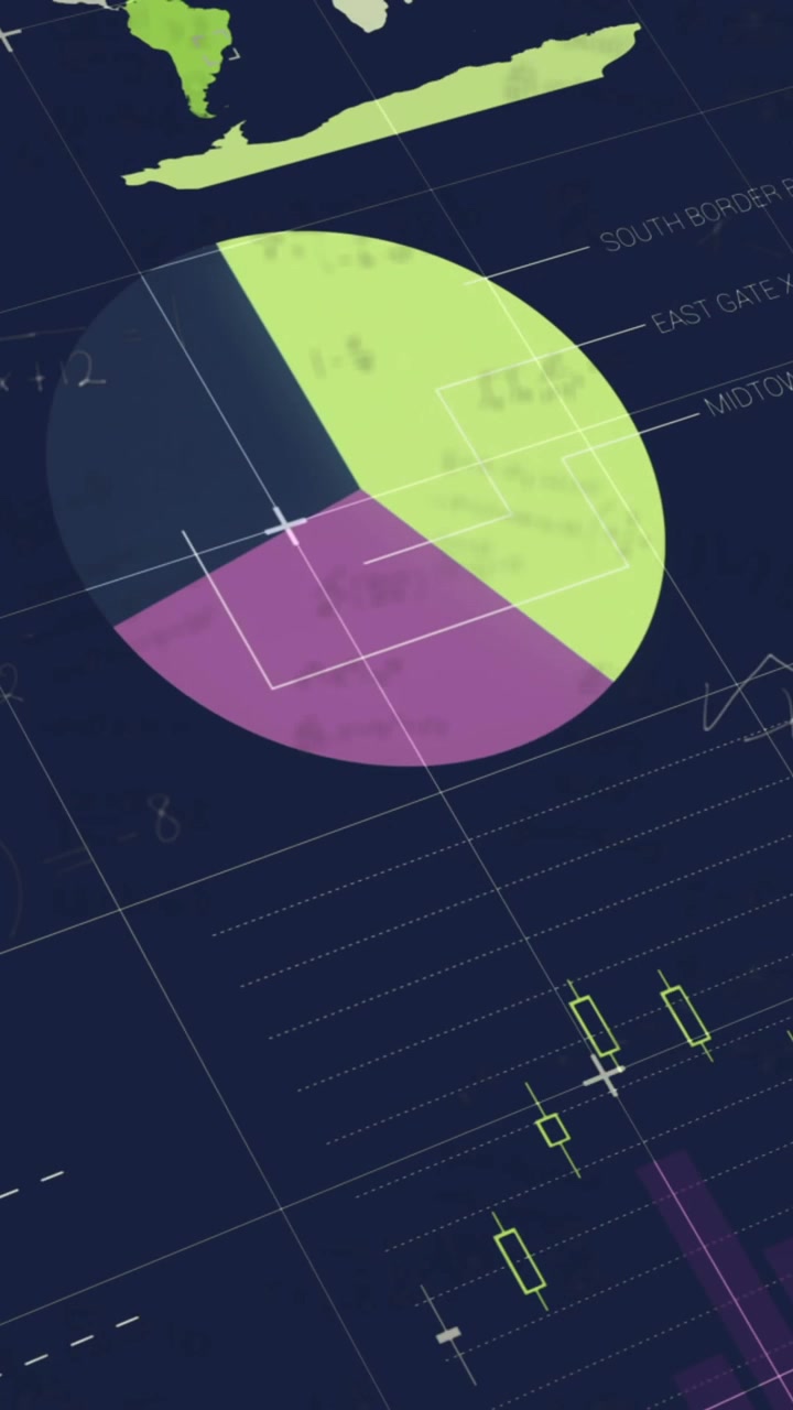 Animazione di equazioni matematiche su elaborazione dati statistici su sfondo blu