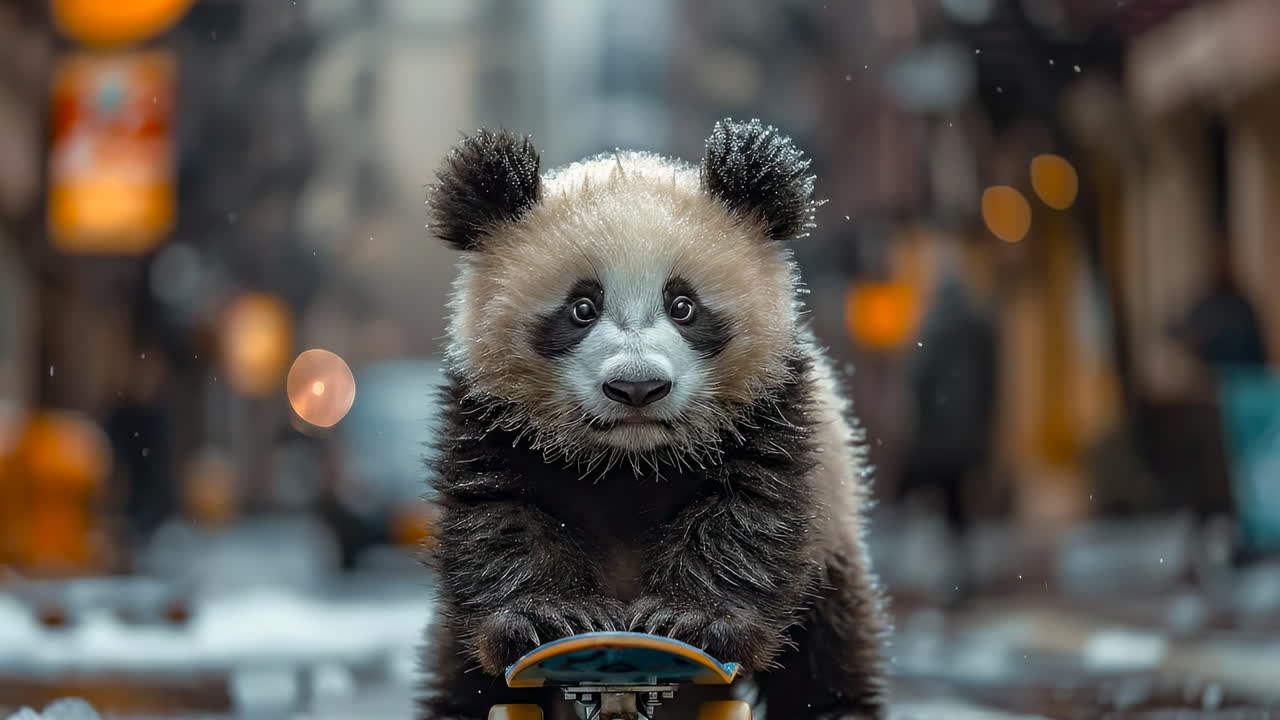 Panda enjoying a skateboard in the city. A panda rolls on a skateboard down a snowy city street, surrounded by people and buildings in a winter atmosphere